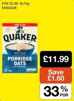 Booker Wholesale Quaker porridge oats offer