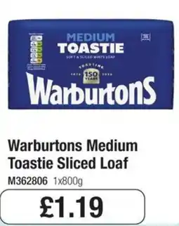 Booker Wholesale Warburtons medium toastie sliced loaf offer