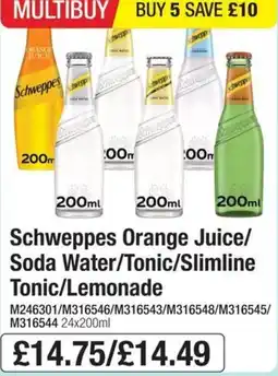 Booker Wholesale Schweppes orange juice/soda water/tonic/slimline tonic/lemonade offer