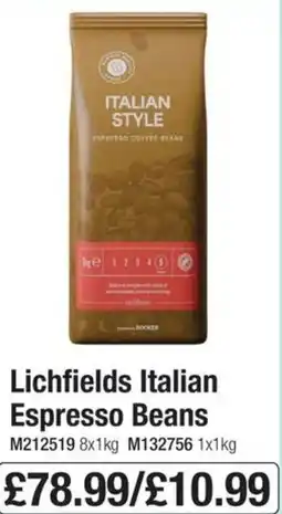 Booker Wholesale Lichfields Italian Espresso Beans offer
