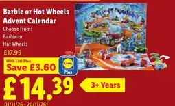 Lidl Barbie or Hot Wheels Advent Calendar offer