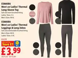 Lidl Esmara men's or ladies' thermal long-sleeve top and leggings & long johns offer