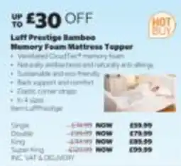 Costco Luff Prestige Bamboo Memory Foam Mattress Topper offer