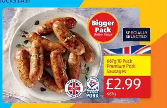 Aldi 667g 10 Pack Premium Pork Sausages offer