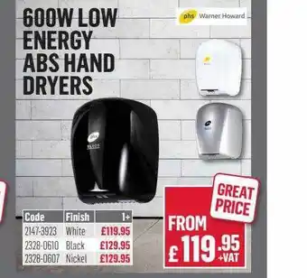 City Electrical Factors 600w Low Energy Abs Hand Dryers offer