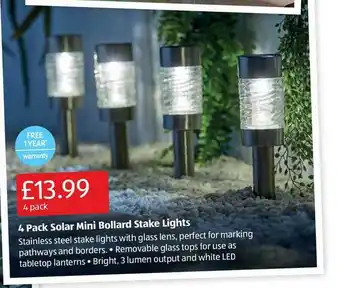 Aldi 4 Pack Solar Mini Bollard Stake Lights offer