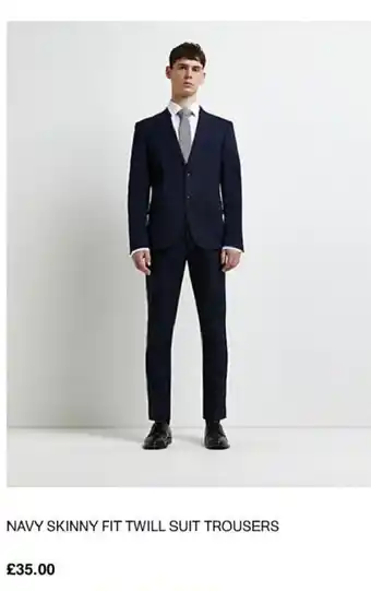 River Island Navy Skinny Fit Twill Suit Trousers offer