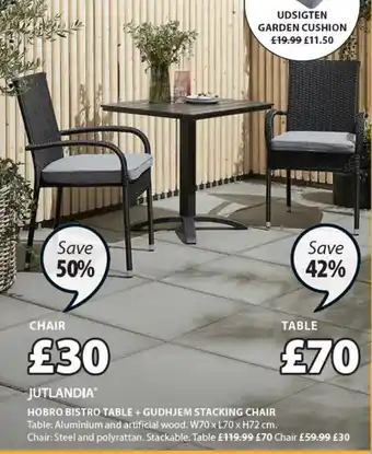 JYSK Jutlandia Hobro Bistro Table +Gudhjem Stacking Chair offer