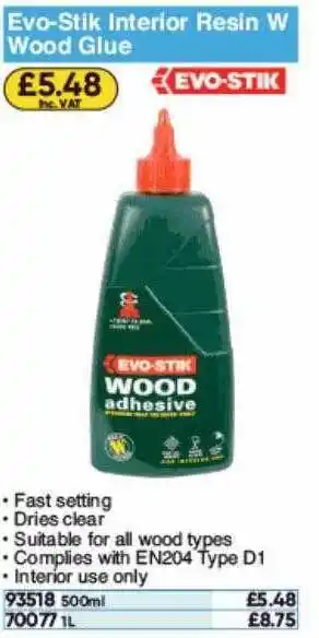 Toolstation Evo Stik Inerior Resin W Wood Glue offer