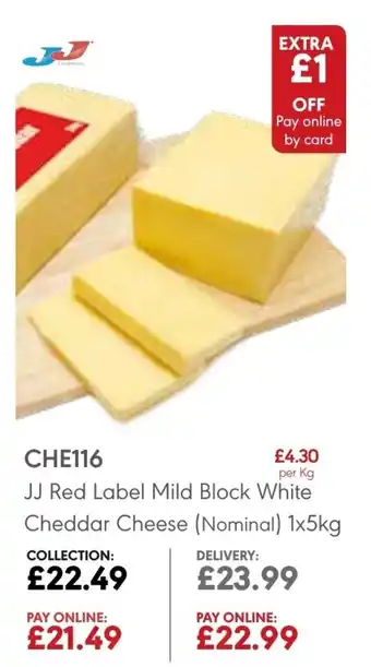 JJ Food Service JJ Red Label Mild Block White Cheddar Cheese (Nominal) 1x5kg offer