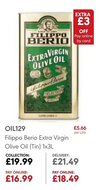 JJ Food Service Filippo Berio Extra Virgin Olive Oil (tin) 1x3L offer