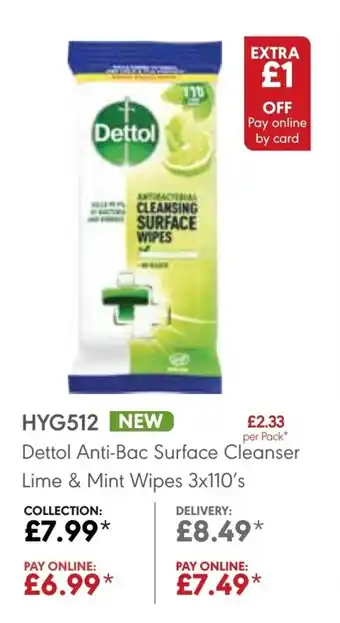 JJ Food Service Dettol Anti-Bac Surface Cleanser Lime & Mint Wipes 3x110's offer