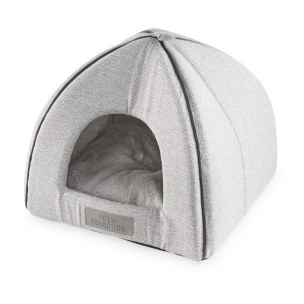 Grey herringbone cat igloo bed offer at Aldi