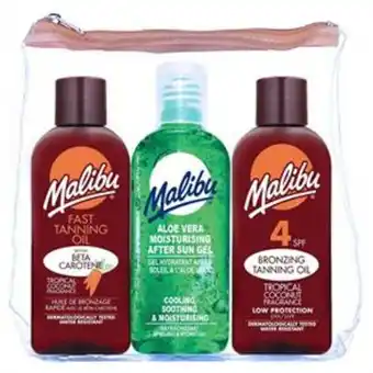 Home Bargains Malibu: tanning travel set - spf 4 100ml, beta carotene 100ml, after sun 100ml offer
