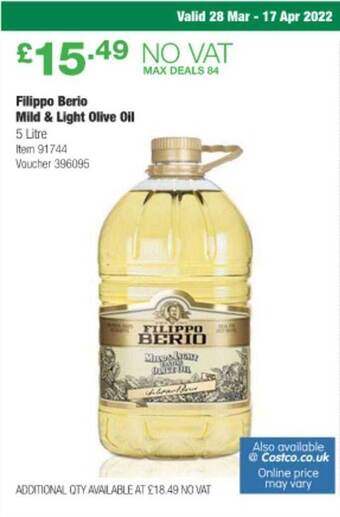Costco Filippo Berio Mild & Light Olive Oil offer