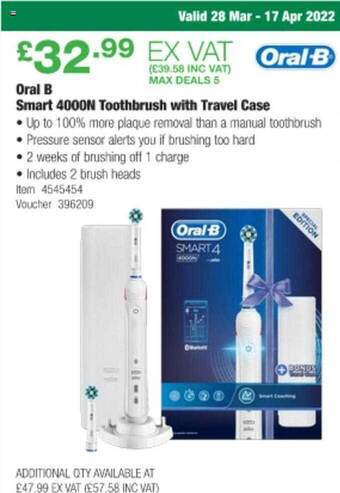Costco Oral B Smart 4000N Toothbrush With Travel Case offer