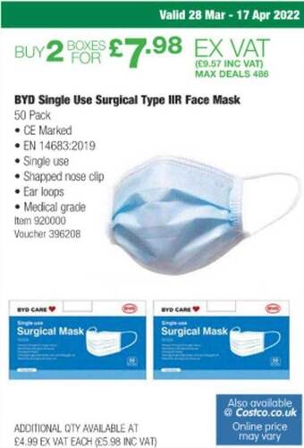 Costco BYD Single USE Surgical Type IIR Face Mask offer