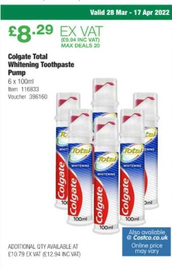 Costco Colgate Total Whitening Toothpaste Pump offer