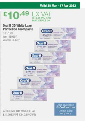 Costco Oral B 3D White Luxe Perfection Toothpaste offer