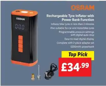 Lidl Osram Rechargeable Tyre Inflator With Power Bank Function offer