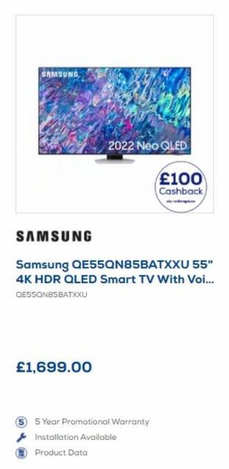 Euronics Samsung 55" 4K HDR Qled Smart TV offer