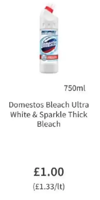 Asda Domestos Bleach Ultra White & Sparkle Thick Bleach 750ml offer
