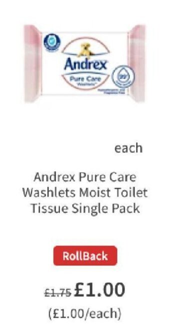 Asda Andrex Pure Care Washlets Moist toilet Tissue Single Pack offer