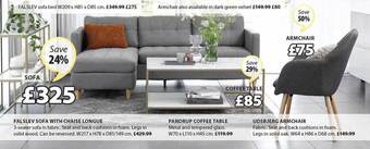 JYSK Falslev Sofa With Chaise Longue, Pandrup Coffee Table, Udsbjerg Armchair offer