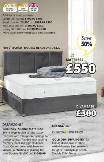 JYSK Gold S95 Spring Mattress, Gold D10 Divan Grey offer