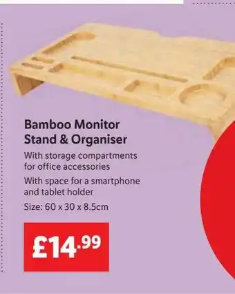 Lidl Bamboo Monitor Stand & Organiser offer