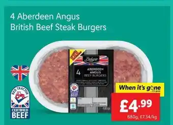 Lidl 4 Aberdeen Angus British Beef Steak Burgers offer