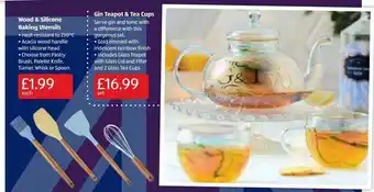 Aldi Wood & Silicone Baking Utensils Gin Teapot & Tea Cups offer