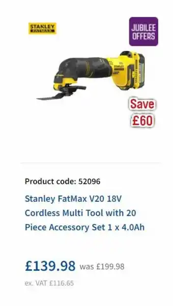 Toolstation Stanley FatMax V20 18V Cordless Multi Tool with 20 Piece Accessory Set 1 x 4.0Ah offer