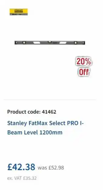 Toolstation Stanley FatMax Select Pro I Beam Level 1200mm offer
