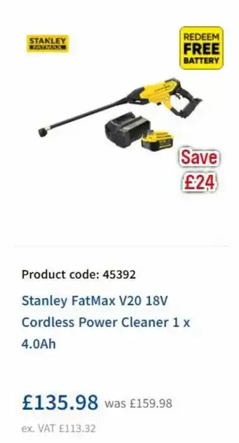 Toolstation Stanley FatMax V20 18V Cordless Power Cleaner 1 x 4.0Ah offer