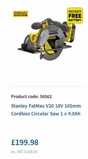 Toolstation Stanley FatMax V20 18V 165mm Cordless Circular Saw 1 x 1.0Ah offer