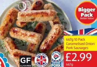 Aldi 667 g 10 pack Caramelised Onion Pork Sausages offer