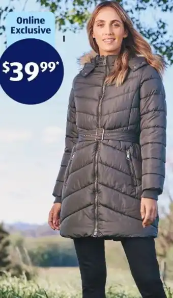 Aldi Women's Longline Fashion Puffer Jacket Size 8-16 offer
