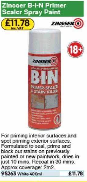 Toolstation Zinsser B-i-n Primer Sealer Spray Paint offer