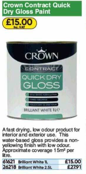 Toolstation Crown Contract Quick Dry Gloss Paint offer
