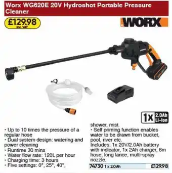 Toolstation Worx Wg620e 20v Hydroshot Portable Pressure Cleaner offer