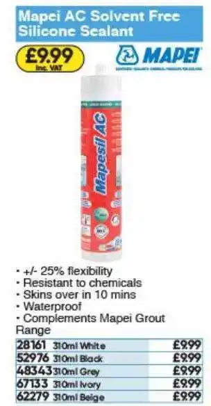 Toolstation Mapei Ac Solvent Free Silicone Sealant offer