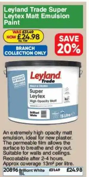 Toolstation Leyland Trade Super Leytex Matt Amulsion Paint offer