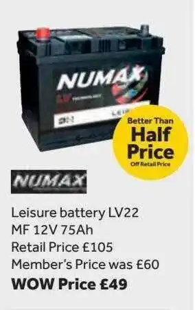 GO Outdoors Numax Leisure Battery Lv22 Mf 12v 75ah offer