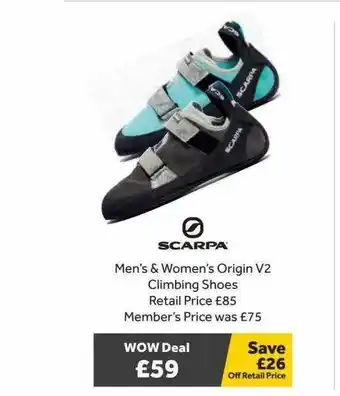GO Outdoors Scarpa Men's & Women's Origin V2 Climbing Shoes offer