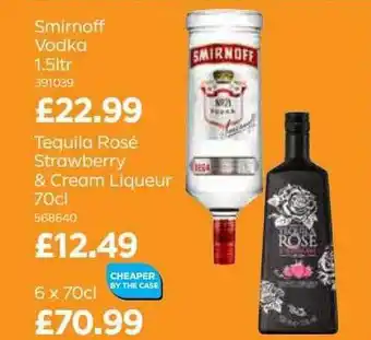 Bestway Smirnoff Vodka 1.5l, Tequila Rosé Strawberry & Cream Liqueur 70cl, 6 X 70cl offer