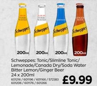 Bestway Schweppes : Tonic-slimline Tonic-lemonade-canada Dry-soda Water Bitter Lemon-ginger Beer 24 X 200ml offer