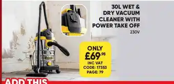 Toolstation 30l Wet & Dry Vacuum Cleaner With Power Take Off 230v offer