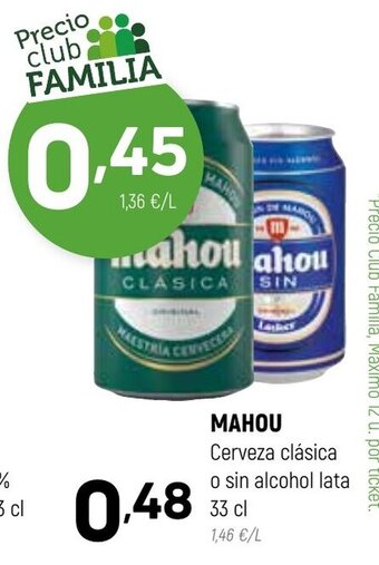 Coviran Mahou Cerveza Clásica o sin alcohol lata 33 cl oferta