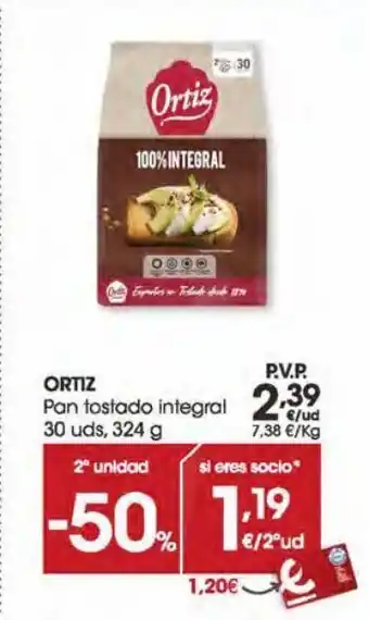 Eroski Ortiz pan tostado integral 30 uds 324 g oferta